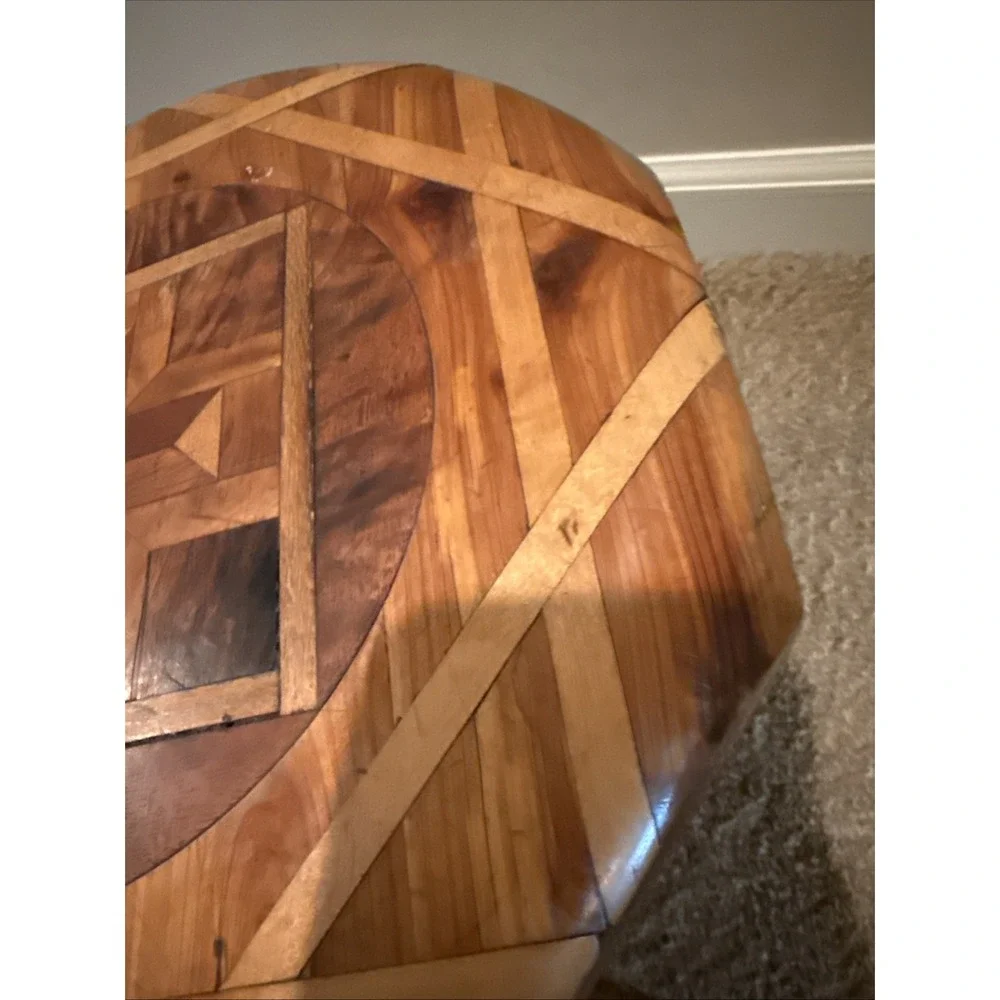 VTG Inlaid Wood Footstool Marquetry Geometric Pattern MCM 10.5